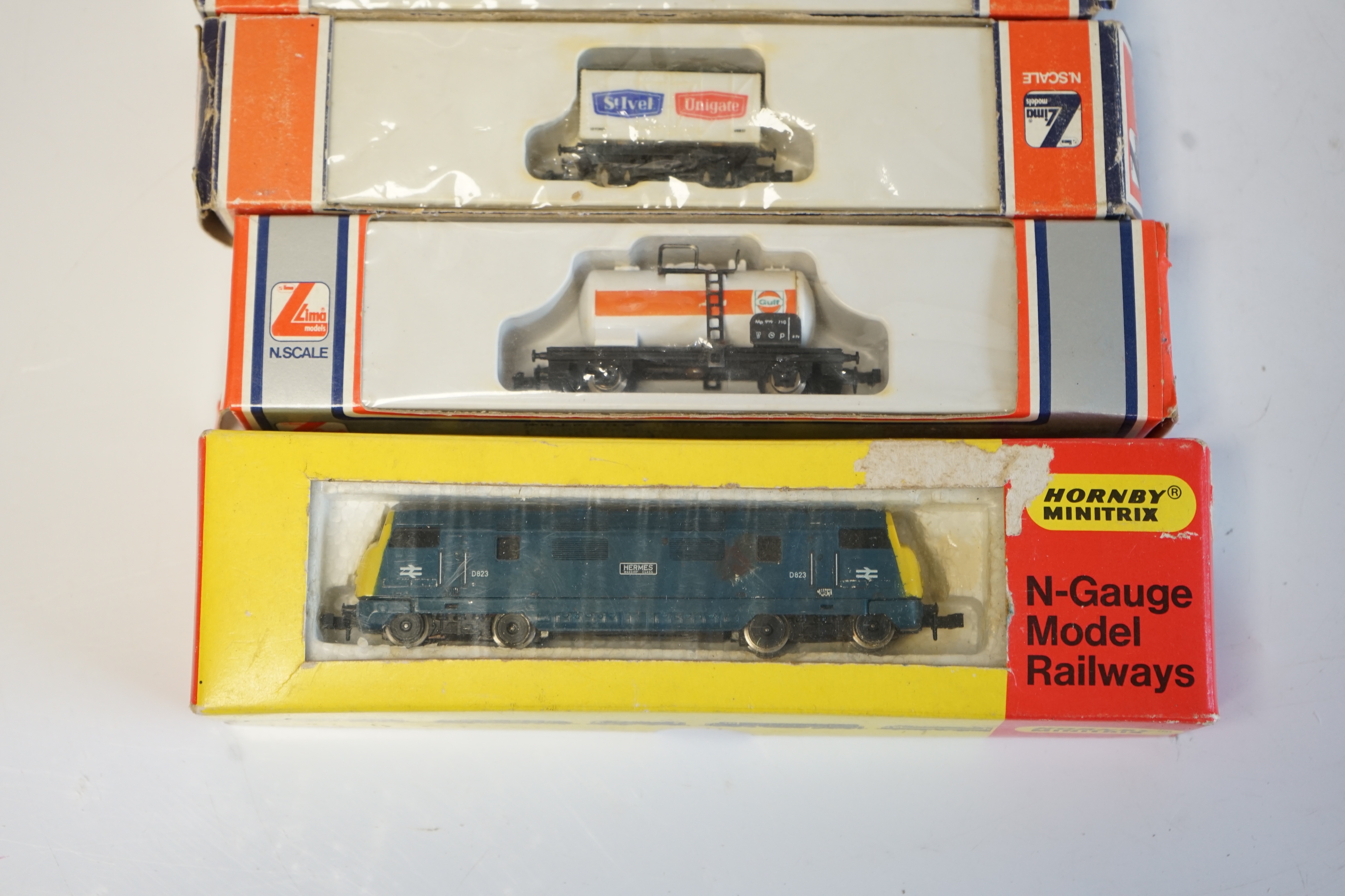 A quantity of N boxed gauge model railway by Graham Farish, Lima, Peco, etc., including five diesel locomotives, four in BR livery and one in Santa Fe livery, together with three Intercity corridor coaches, fourteen Brit